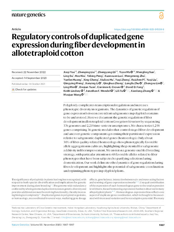 Regulatory controls of duplicated gene expression during fiber development in allotetraploid cotton. Thumbnail