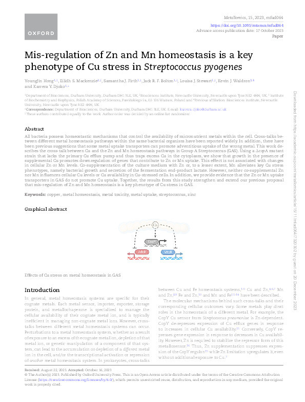 Mis-regulation of Zn and Mn homeostasis is a key phenotype of Cu stress in Streptococcus pyogenes. Thumbnail