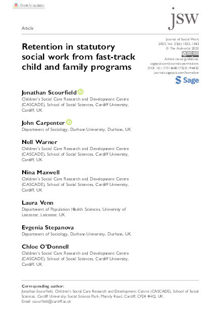 Retention in statutory social work from fast-track child and family programs Thumbnail