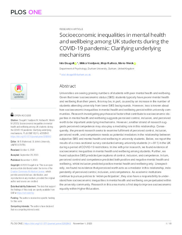 Socioeconomic inequalities in mental health and wellbeing among UK students during the COVID-19 pandemic: Clarifying underlying mechanisms Thumbnail
