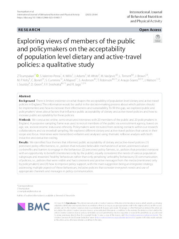 Exploring views of members of the public and policymakers on the acceptability of population level dietary and active-travel policies: a qualitative study Thumbnail