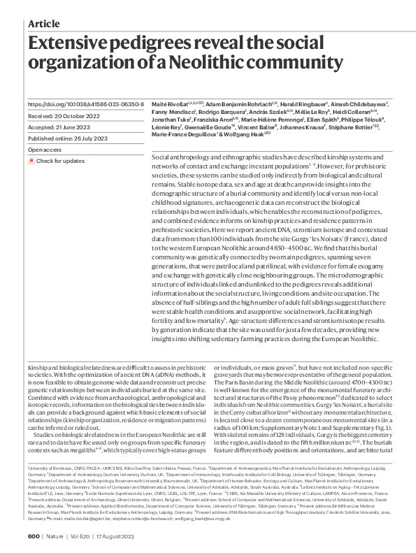 Extensive pedigrees reveal the social organization of a Neolithic community Thumbnail