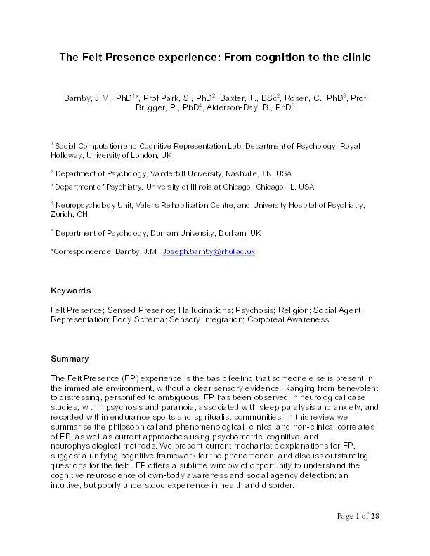 The felt-presence experience: from cognition to the clinic Thumbnail