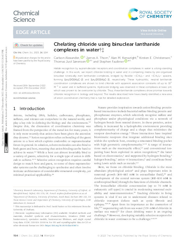 Chelating chloride using binuclear lanthanide complexes in water Thumbnail