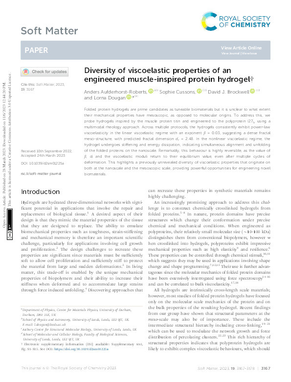 Diversity of viscoelastic properties of an engineered muscle-inspired protein hydrogel Thumbnail