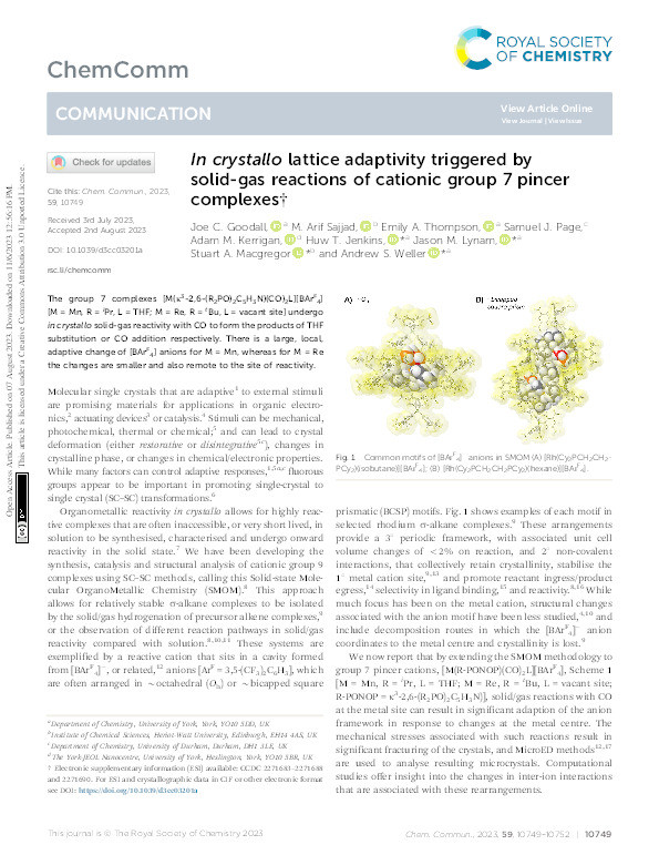 In crystallo lattice adaptivity triggered by solid-gas reactions of cationic group 7 pincer complexes Thumbnail