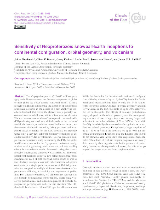 Sensitivity of Neoproterozoic snowball-Earth inceptions to continental configuration, orbital geometry, and volcanism Thumbnail