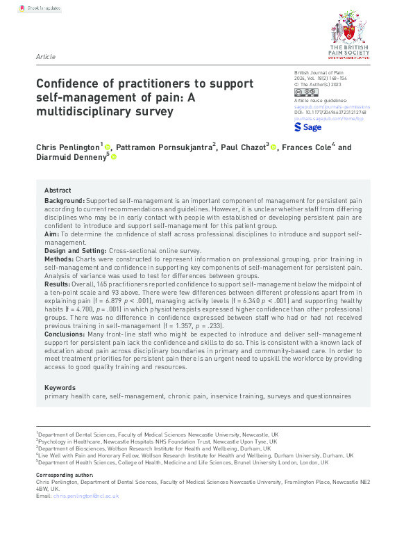 Confidence of practitioners to support self-management of pain: A multidisciplinary survey Thumbnail