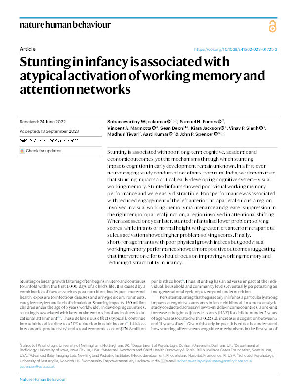 Stunting in infancy is associated with atypical activation of working memory and attention networks Thumbnail