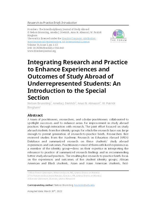 Integrating Research and Practice to Enhance Experiences and Outcomes of Study Abroad of Underrepresented Students: An Introduction Thumbnail