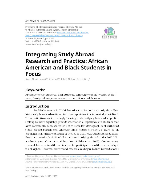 Integrating Study Abroad Research and Practice: African American and Black Students in Focus Thumbnail