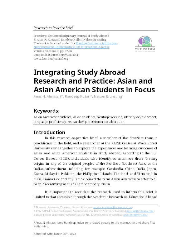 Integrating Study Abroad Research and Practice: Asian and Asian American Students in Focus Thumbnail