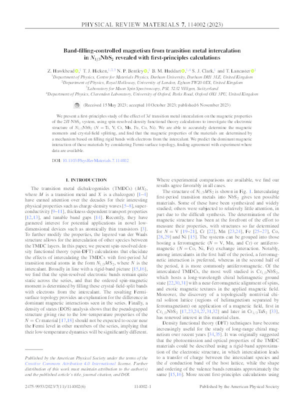 Band-filling-controlled magnetism from transition metal intercalation in N1/3NbS2 revealed with first-principles calculations Thumbnail