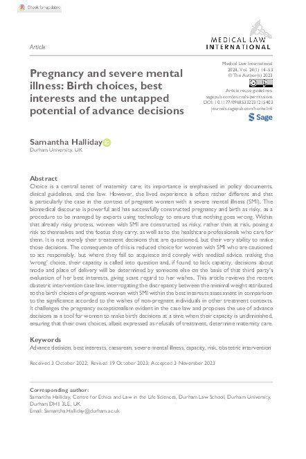 Pregnancy and severe mental illness: birth choices, best interests and the untapped potential of advance decisions Thumbnail