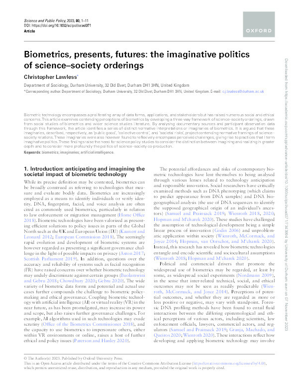 Biometrics, presents, futures: the imaginative politics of science–society orderings Thumbnail