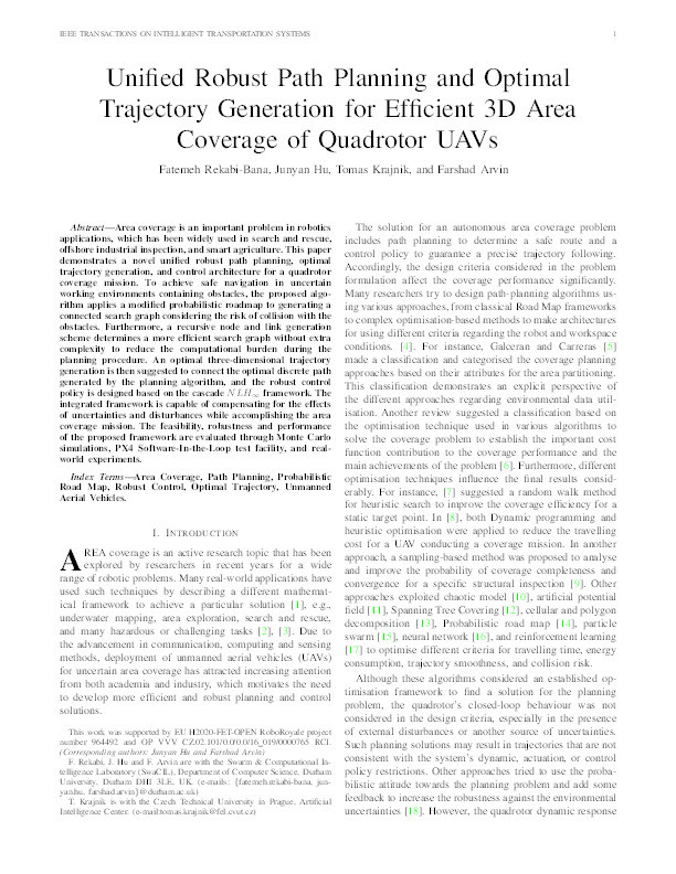 Unified Robust Path Planning and Optimal Trajectory Generation for Efficient 3D Area Coverage of Quadrotor UAVs Thumbnail