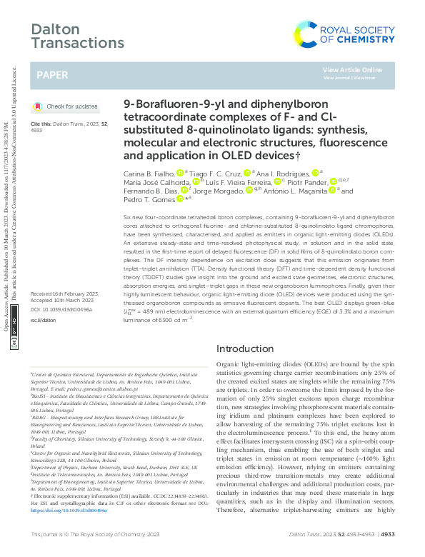 9-Borafluoren-9-yl and diphenylboron tetracoordinate complexes of F- and Cl-substituted 8-quinolinolato ligands: synthesis, molecular and electronic structures, fluorescence and application in OLED devices Thumbnail