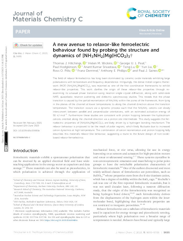 A new avenue to relaxor-like ferroelectric behaviour found by probing the structure and dynamics of [NH3NH2]Mg(HCO2)3 Thumbnail