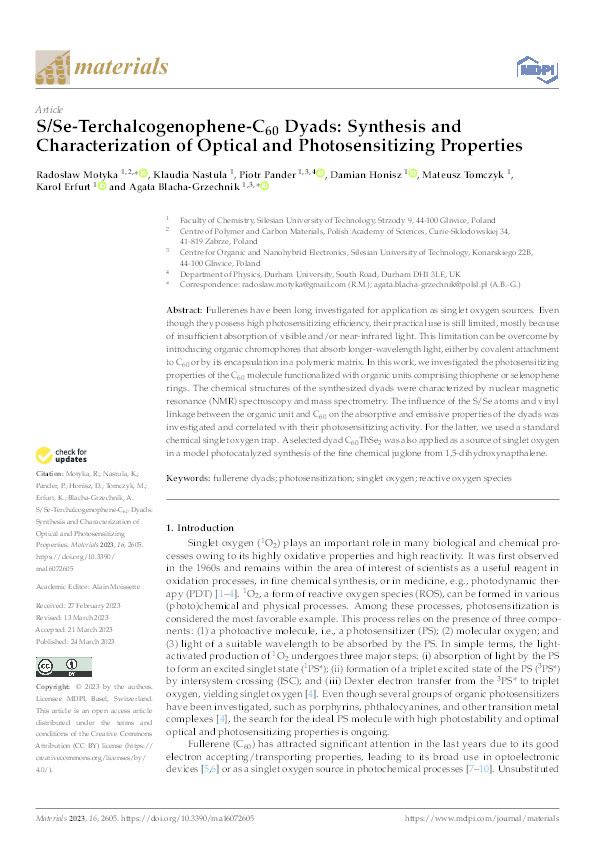 S/Se-Terchalcogenophene-C60 Dyads: Synthesis and Characterization of Optical and Photosensitizing Properties Thumbnail