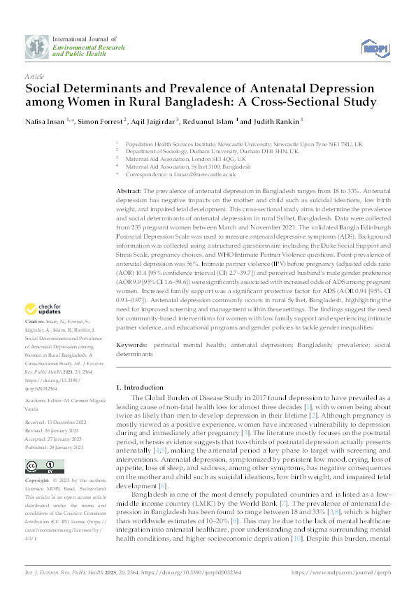 Social Determinants and Prevalence of Antenatal Depression among Women in Rural Bangladesh: A Cross-Sectional Study Thumbnail