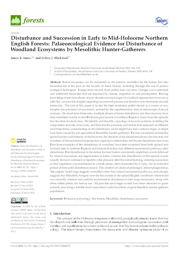 Disturbance and Succession in Early to Mid-Holocene Northern English Forests: Palaeoecological Evidence for Disturbance of Woodland Ecosystems by Mesolithic Hunter-Gatherers Thumbnail