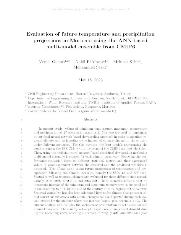 Evaluation of future temperature and precipitation projections in Morocco using the ANN-based multi-model ensemble from CMIP6 Thumbnail