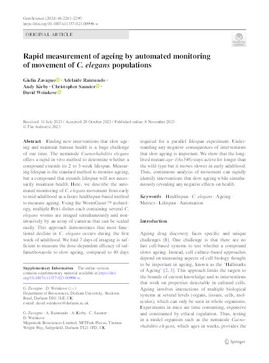 Rapid measurement of ageing by automated monitoring of movement of C. elegans populations Thumbnail