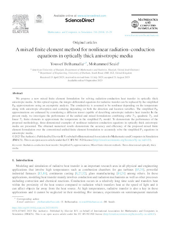 A mixed finite element method for nonlinear radiation–conduction equations in optically thick anisotropic media Thumbnail