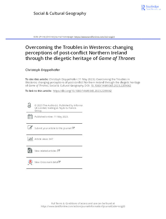 Overcoming the Troubles in Westeros: changing perceptions of post-conflict Northern Ireland through the diegetic heritage of Game of Thrones Thumbnail