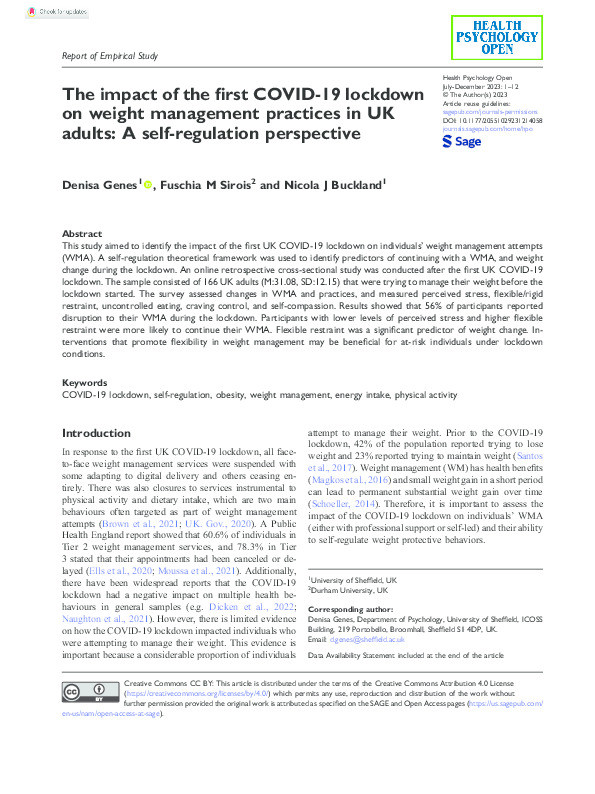 The impact of the first COVID-19 lockdown on weight management practices in UK adults: A self-regulation perspective Thumbnail