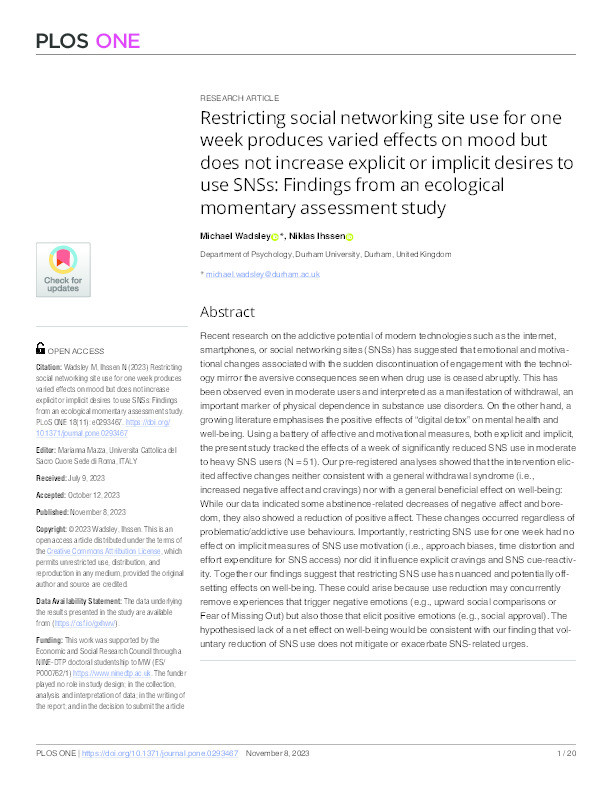 Restricting social networking site use for one week produces varied effects on mood but does not increase explicit or implicit desires to use SNSs: Findings from an ecological momentary assessment study Thumbnail