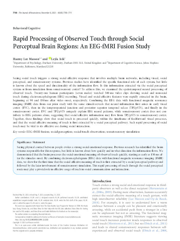 Rapid processing of observed touch through social perceptual brain regions: an EEG-fMRI fusion study. Thumbnail