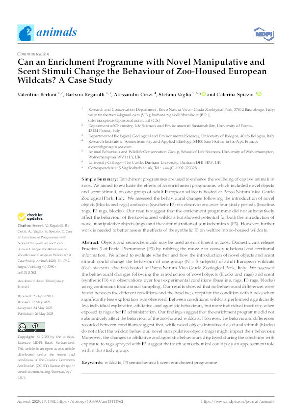 Can an Enrichment Programme with Novel Manipulative and Scent Stimuli Change the Behaviour of Zoo-Housed European Wildcats? A Case Study. Thumbnail