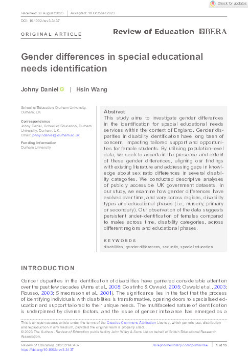 Gender differences in special educational needs identification Thumbnail