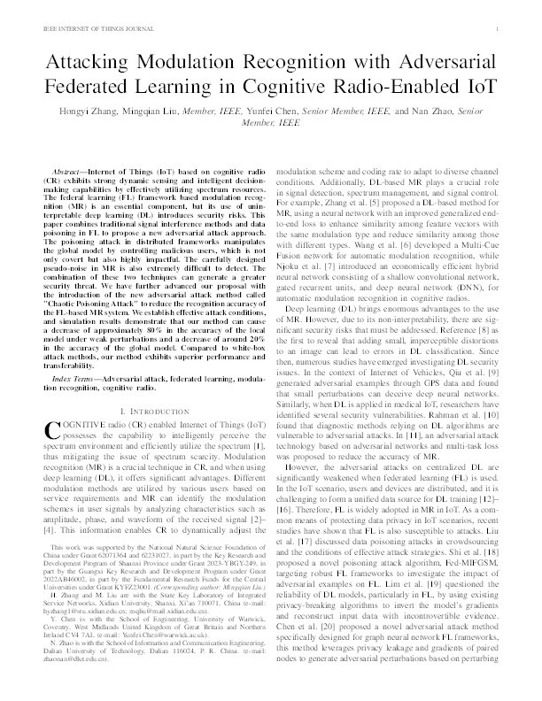 Attacking Modulation Recognition With Adversarial Federated Learning in Cognitive Radio-Enabled IoT Thumbnail