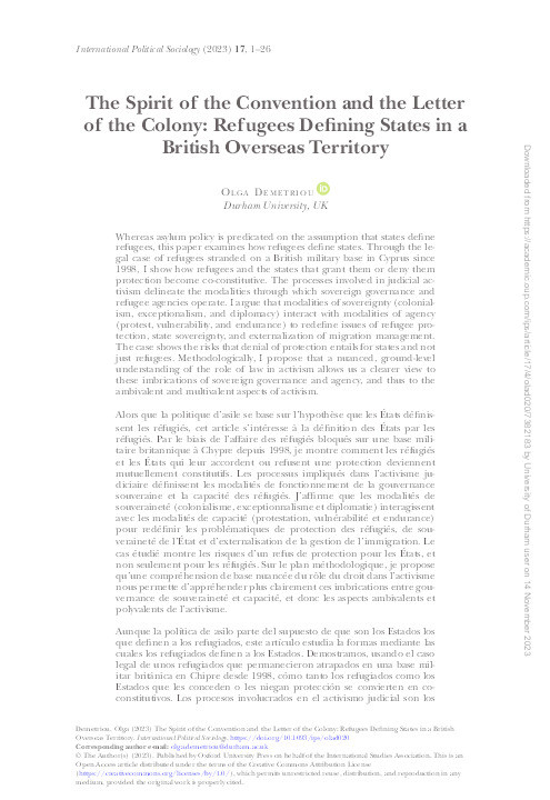 The Spirit of the Convention and the Letter of the Colony: Refugees Defining States in a British Overseas Territory Thumbnail