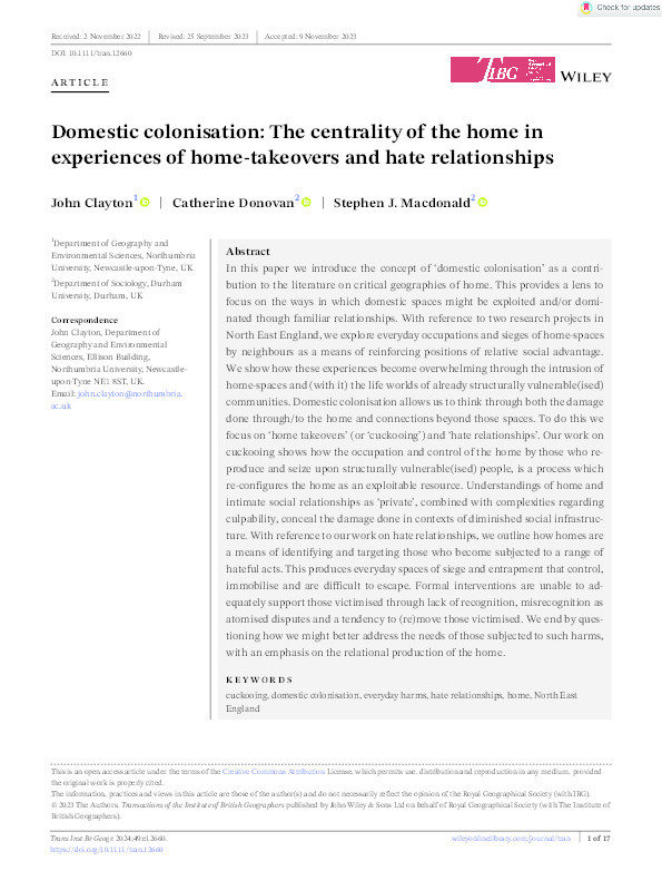 Domestic colonisation: The centrality of the home in experiences of home‐takeovers and hate relationships Thumbnail