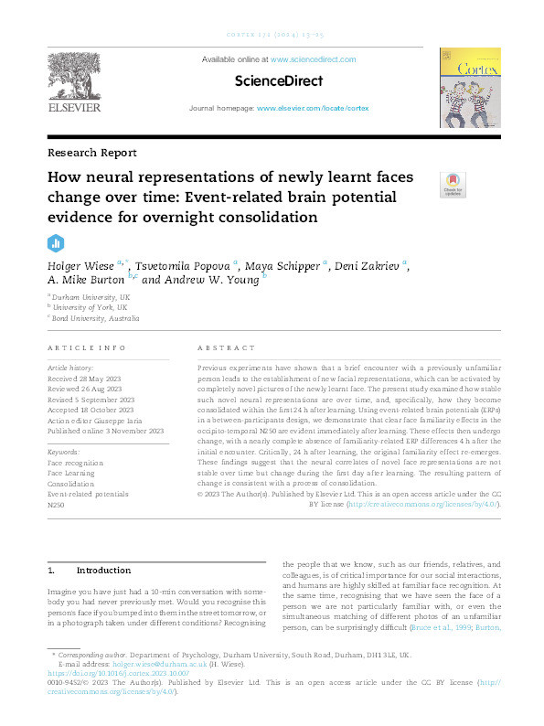 How neural representations of newly learnt faces change over time: Event-related brain potential evidence for overnight consolidation Thumbnail