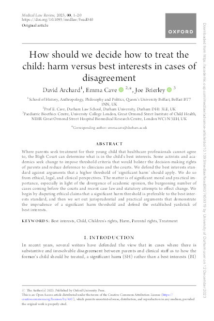 How should we decide how to treat the child: harm versus best interests in cases of disagreement. Thumbnail