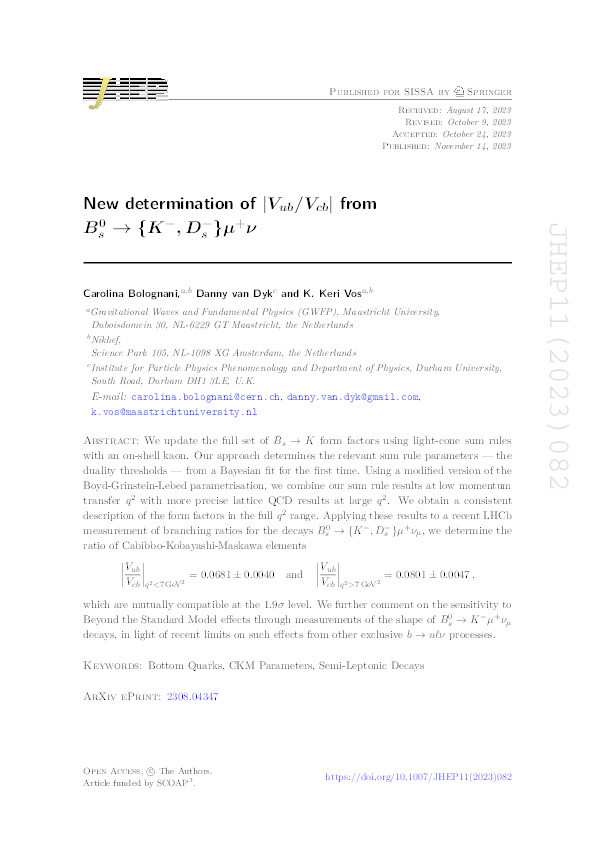 New determination of |V ub /V cb | from B s 0 → { K −, D s − } μ + ν Thumbnail