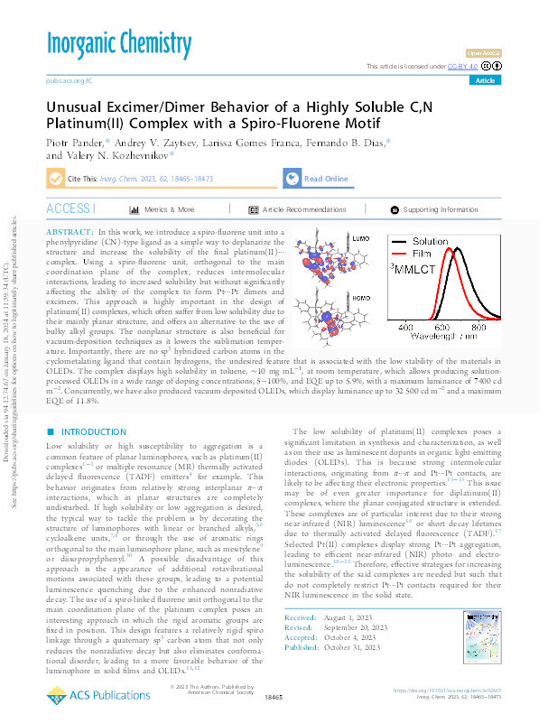 Unusual Excimer/Dimer Behavior of a Highly Soluble C,N Platinum(II) Complex with a Spiro-Fluorene Motif. Thumbnail