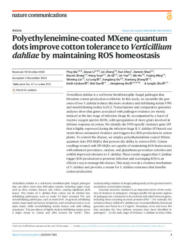 Polyethyleneimine-coated MXene quantum dots improve cotton tolerance to Verticillium dahliae by maintaining ROS homeostasis Thumbnail