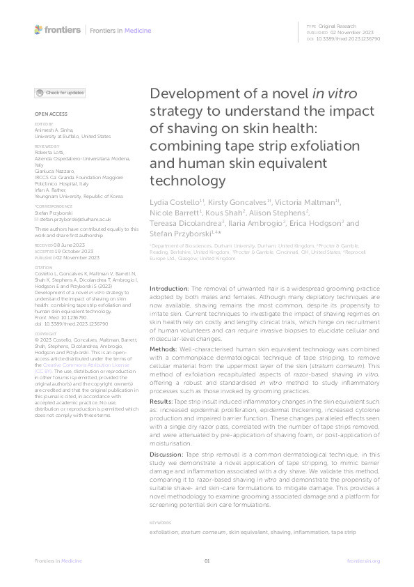 Development of a novel in vitro strategy to understand the impact of shaving on skin health: combining tape strip exfoliation and human skin equivalent technology Thumbnail