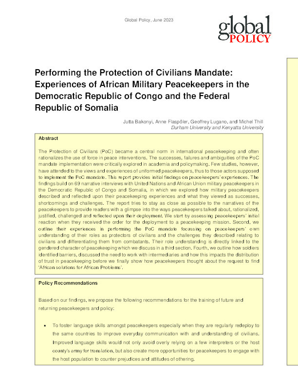 Performing the Protection of Civilians Mandate: Experiences of African Military Peacekeepers in the Democratic Republic of Congo and the Federal Republic of Somalia Thumbnail
