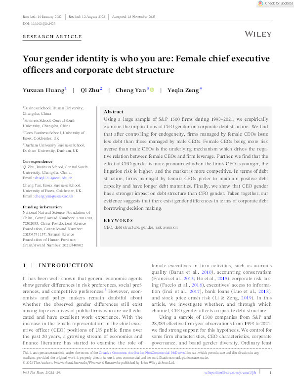 Your gender identity is who you are: Female chief executive officers and corporate debt structure Thumbnail