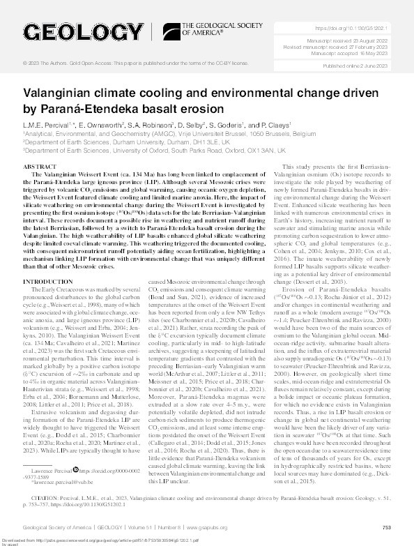 Valanginian climate cooling and environmental change driven by Paraná-Etendeka basalt erosion Thumbnail
