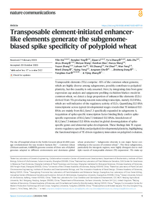 Transposable element-initiated enhancer-like elements generate the subgenome-biased spike specificity of polyploid wheat Thumbnail