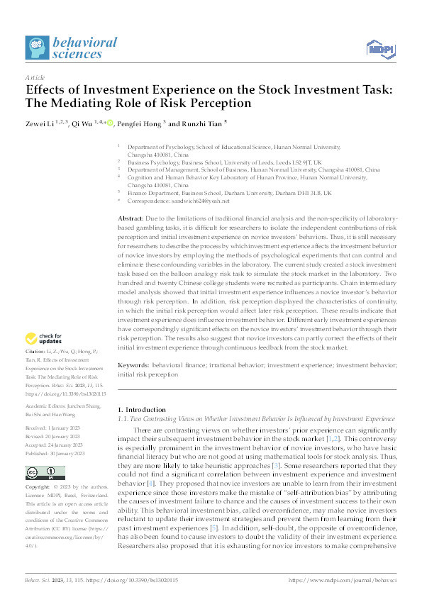 Effects of Investment Experience on the Stock Investment Task: The Mediating Role of Risk Perception Thumbnail