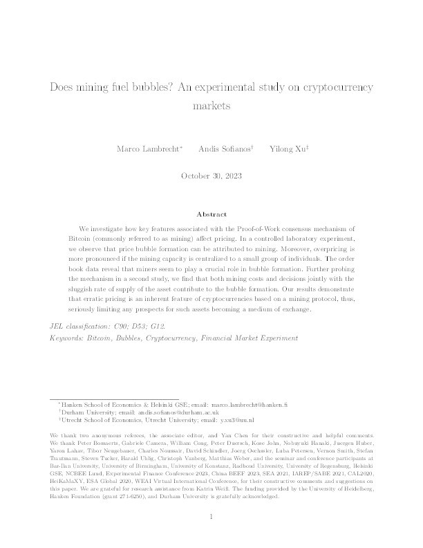 Does mining fuel bubbles? An experimental study on cryptocurrency markets Thumbnail