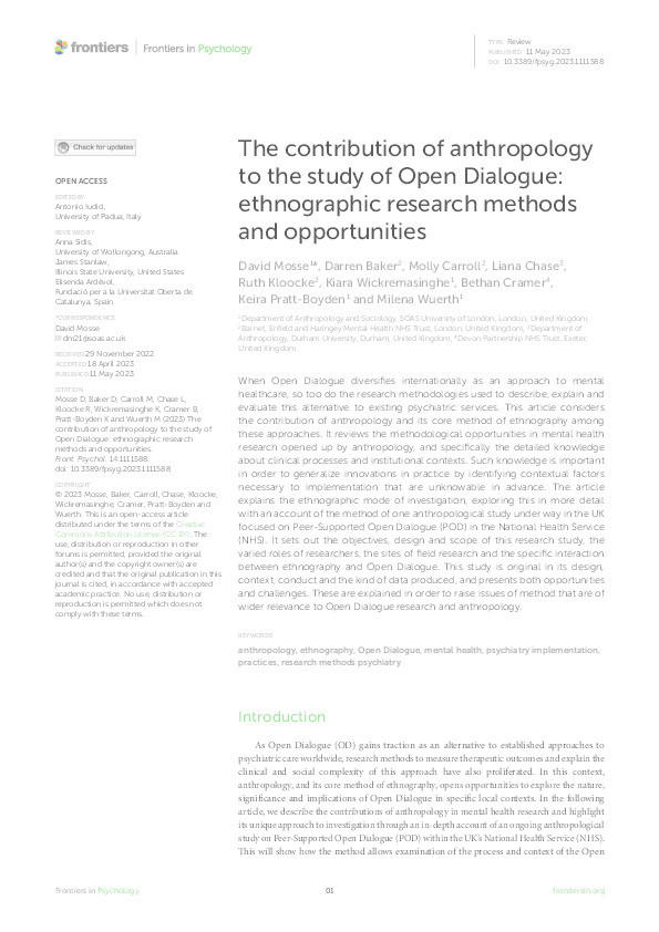 The contribution of anthropology to the study of Open Dialogue: ethnographic research methods and opportunities Thumbnail